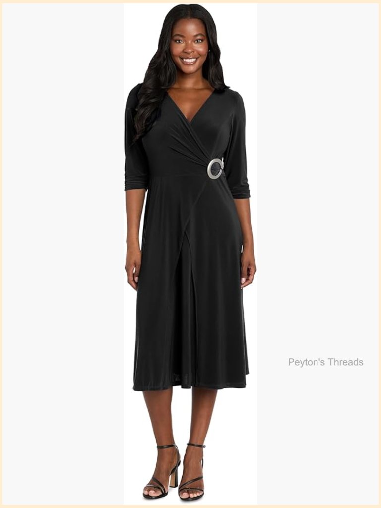 V-Neck Midi Dress With 3/4 Sleeves Mock Wrap Flowy Skirt O-Ring Detail